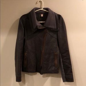 Free People brn leather jacket sz M knit wool trim